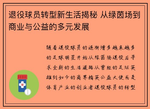 退役球员转型新生活揭秘 从绿茵场到商业与公益的多元发展 退役球员转型新生活揭秘 从绿茵场到商业与公益的多元发展