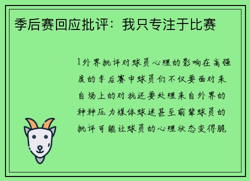 季后赛回应批评：我只专注于比赛