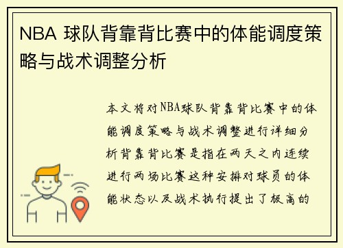 NBA 球队背靠背比赛中的体能调度策略与战术调整分析